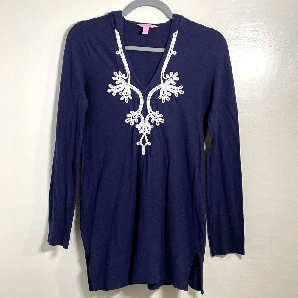 Lilly Pulitzer Women's Navy Blue White Noelle Coastal Hoodie Blouse Tunic Small - Picture 2 of 9